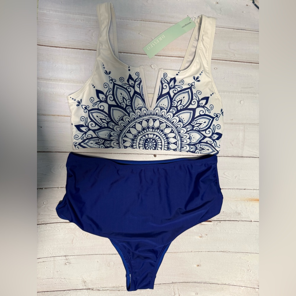 Blue and White Bikini Set